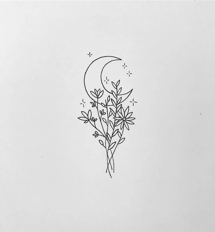 maan met bloemen tekening en tatoeage