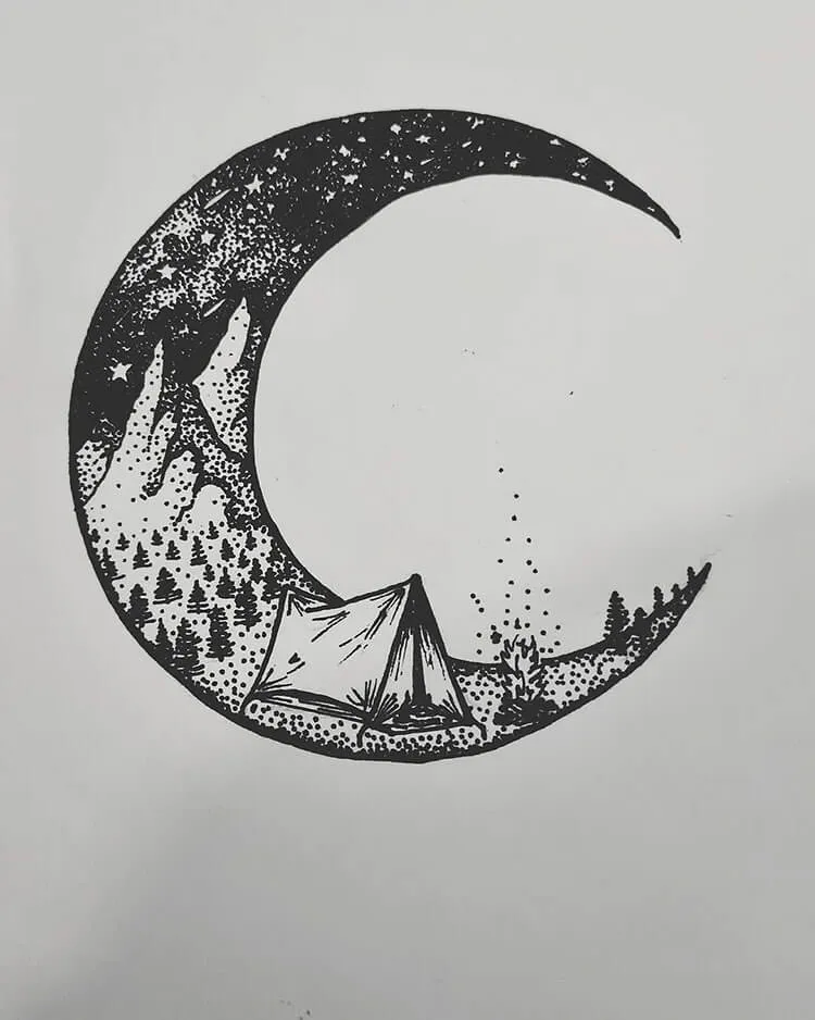 rysunek księżyca z namiotem