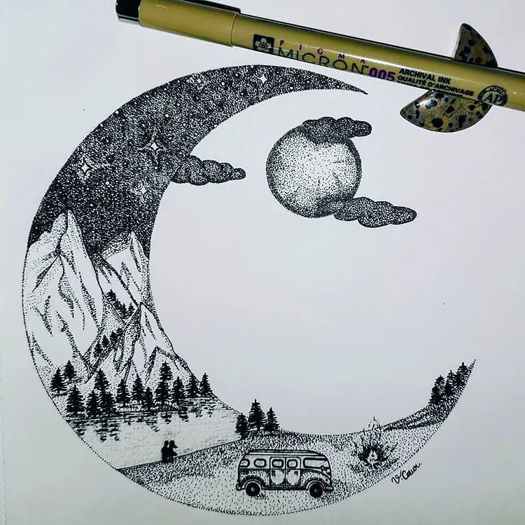 dessin de lune avec campeur