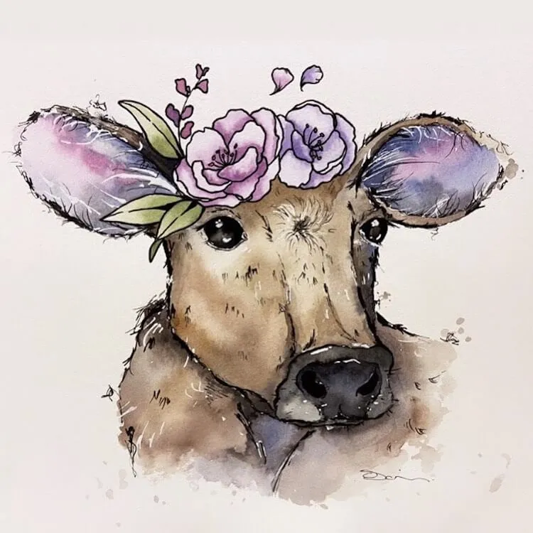 vacă în acuarelă cu coroană florală