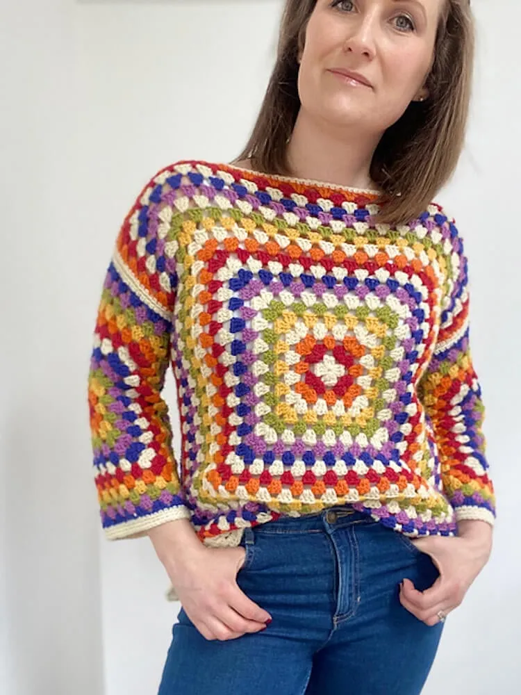 Suéter cuadrado de abuelita arco iris