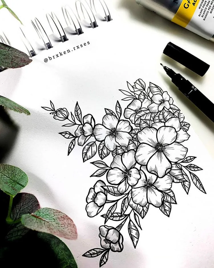 dibujo de flor a tinta negra