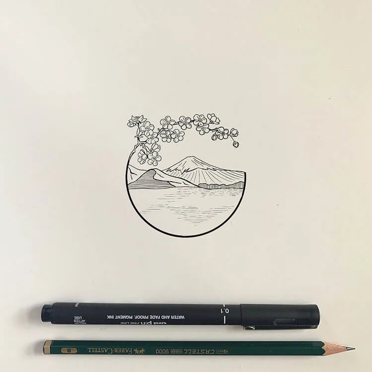 dibujo sakura y montaña
