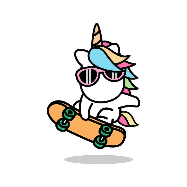 Unicorno che fa skateboard