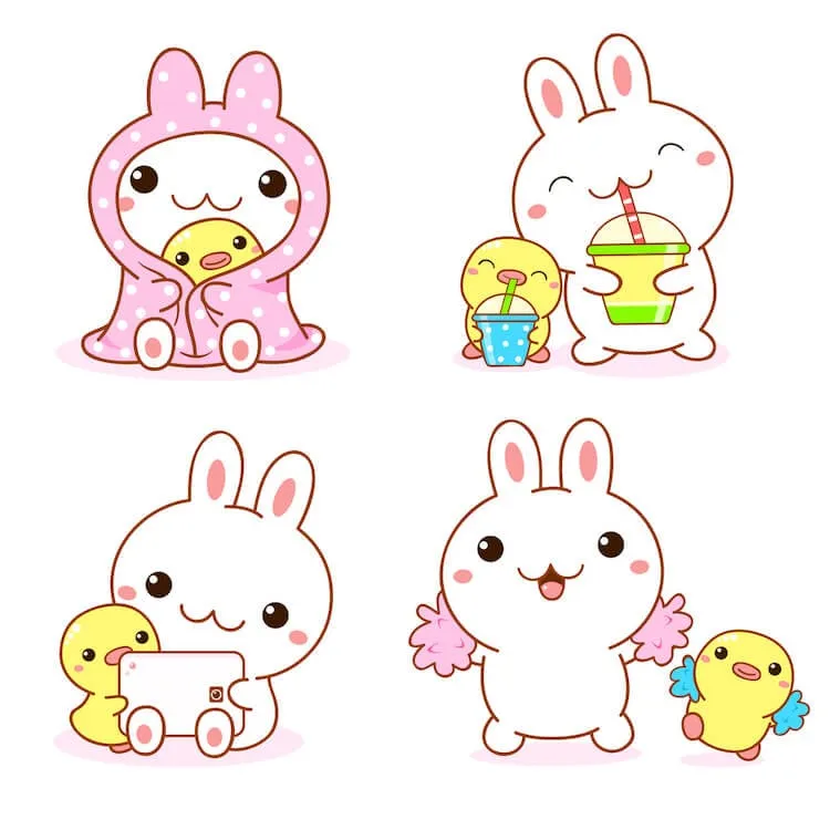 Fyra teckningar av kanin och anka