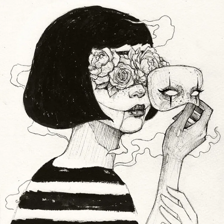 deklica z očmi v cvetju risba