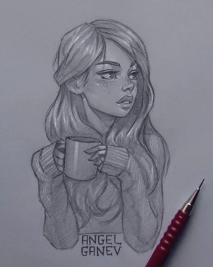 jente som holder kaffe skisse