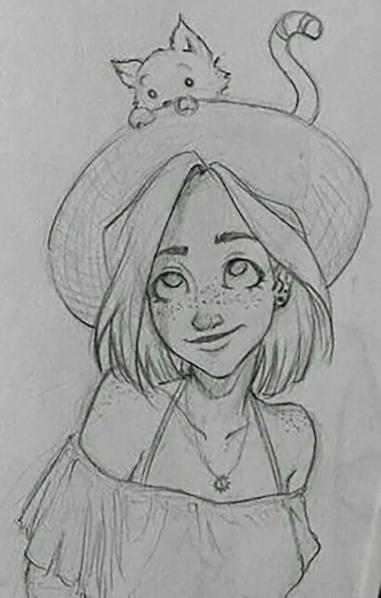 gadis dengan sketsa kucing di atas topi