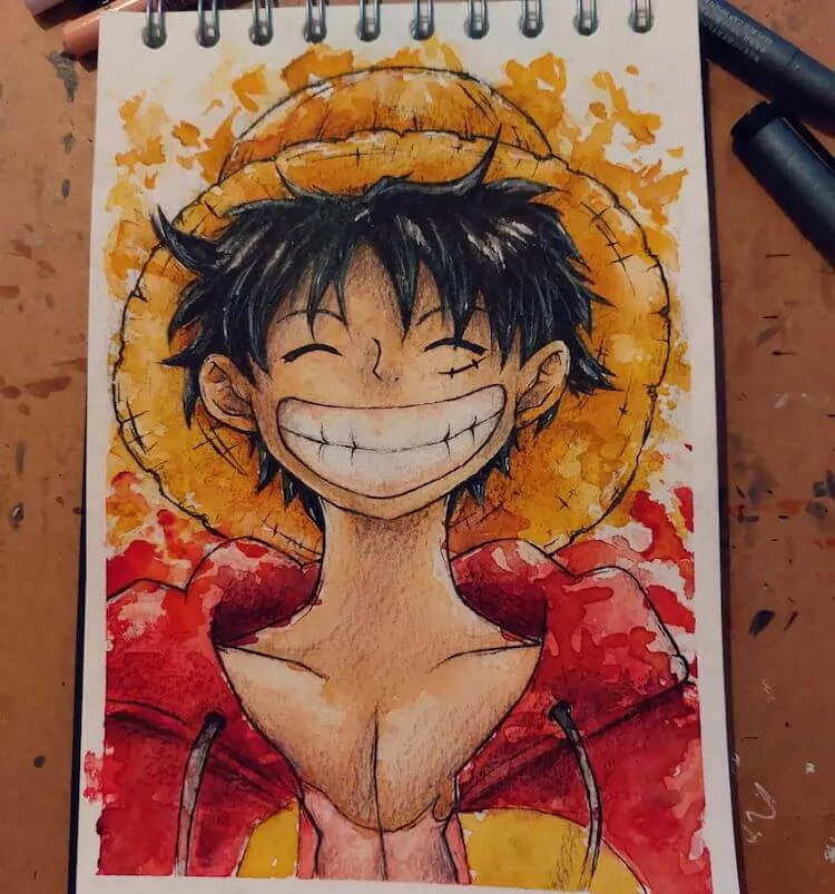 kresba Luffyho akvarelovými barvami