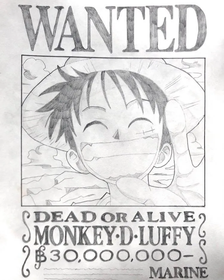 kresba Luffyho na plagáte s hľadanými osobami