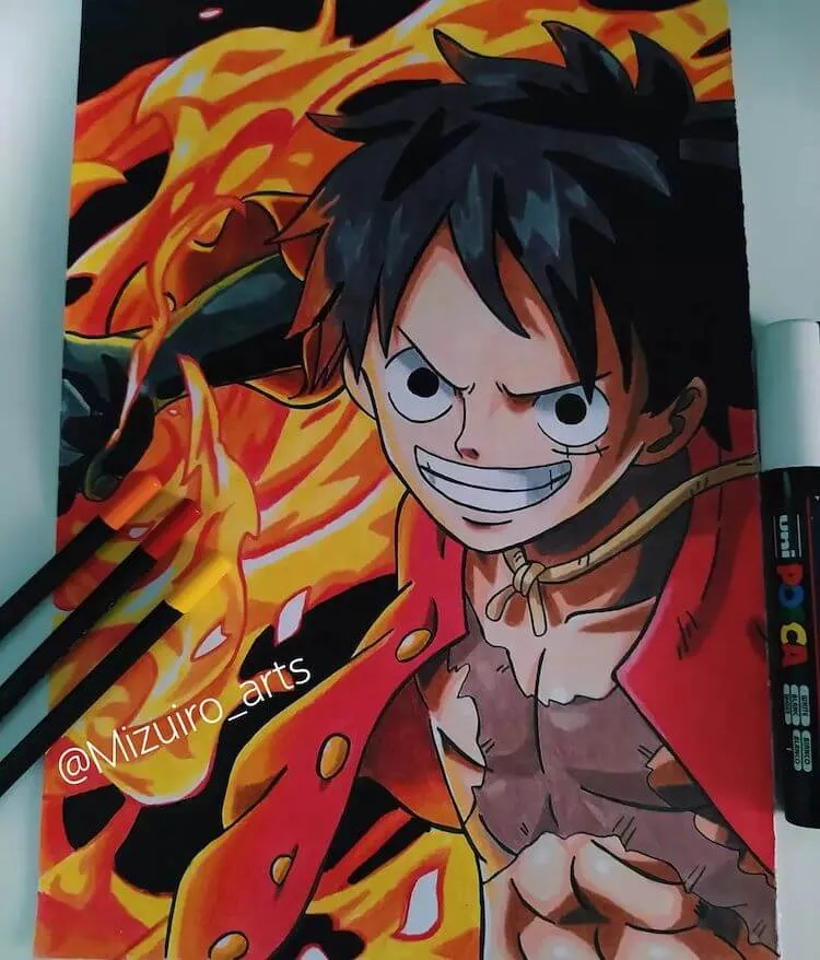 tekening van Luffy met vuur