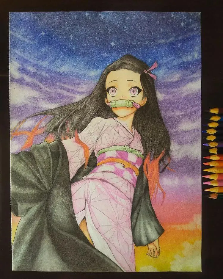 Nezuko cu umbrire în creion colorat