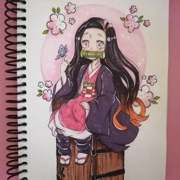Nezuko Zeichnung mit Sakura-Blüten