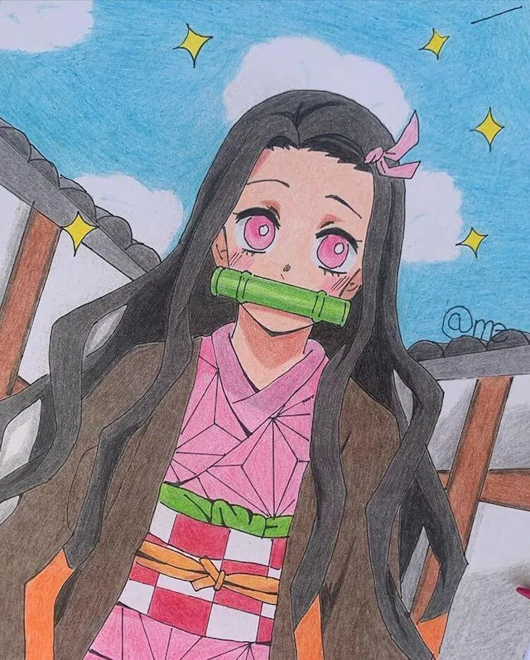 Nezuko gira com lápis de cor