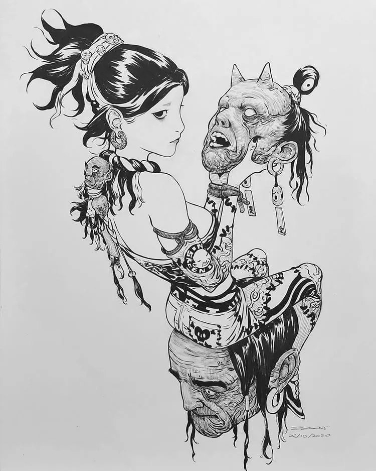 teckning av en kvinna som håller ett djävulshuvud
