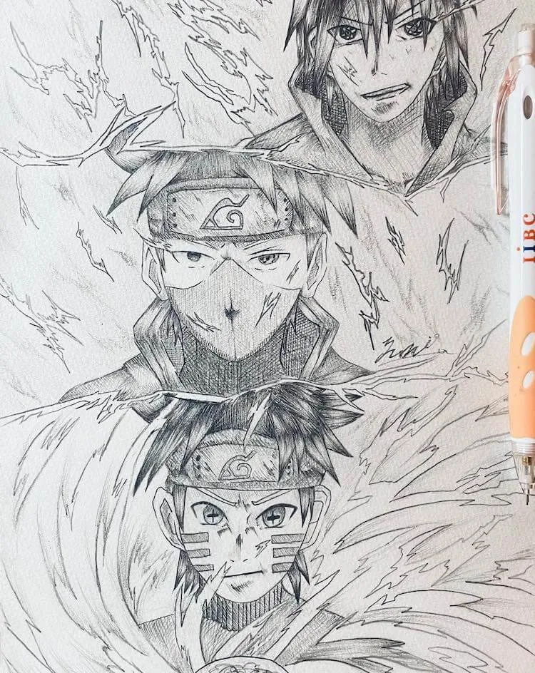 kresba naruta, kakashiho a sasukeho