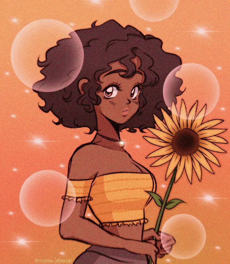 illustrazione di una ragazza nera con un fiore in mano