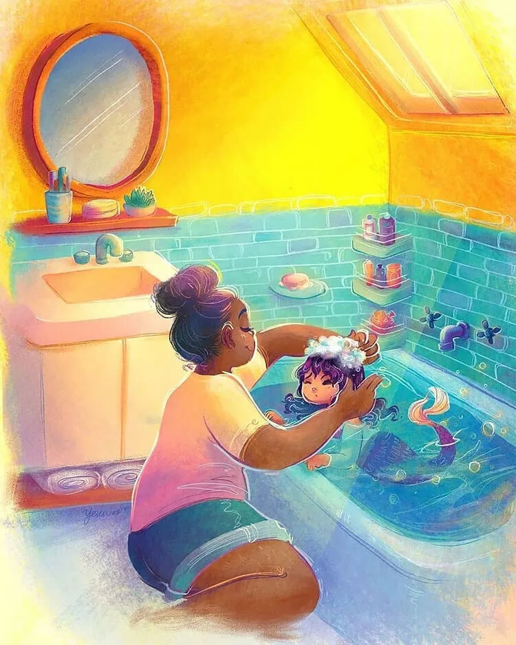 illustrazione di una mamma nera che fa il bagno a un bambino