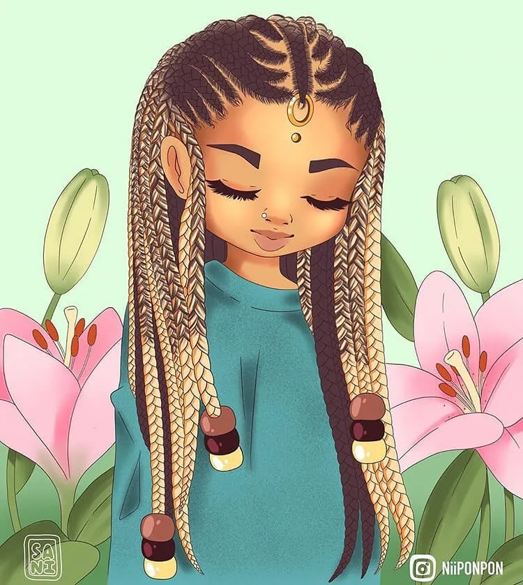 černá dívka s copánky ilustrace (cornrows)