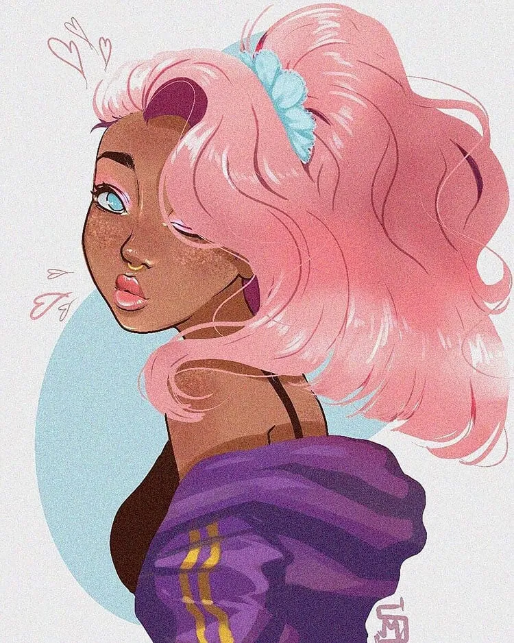 černá dívka s růžovými vlasy ilustrace
