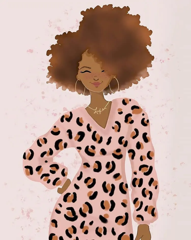 gadis kulit hitam dengan ilustrasi kemeja macan tutul