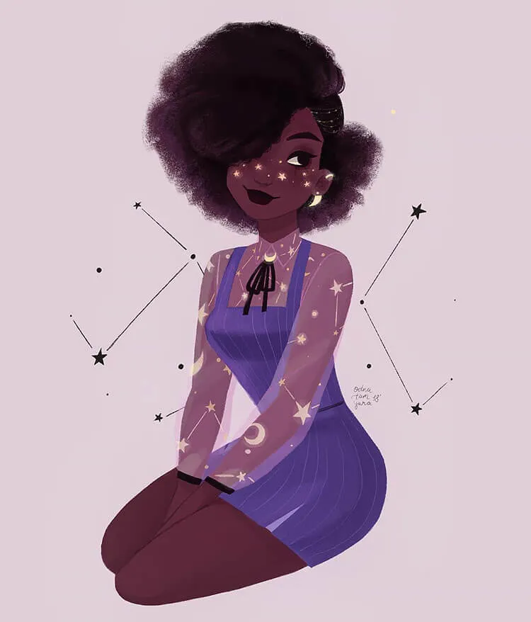 czarna dziewczyna z fioletową sukienką ilustracja