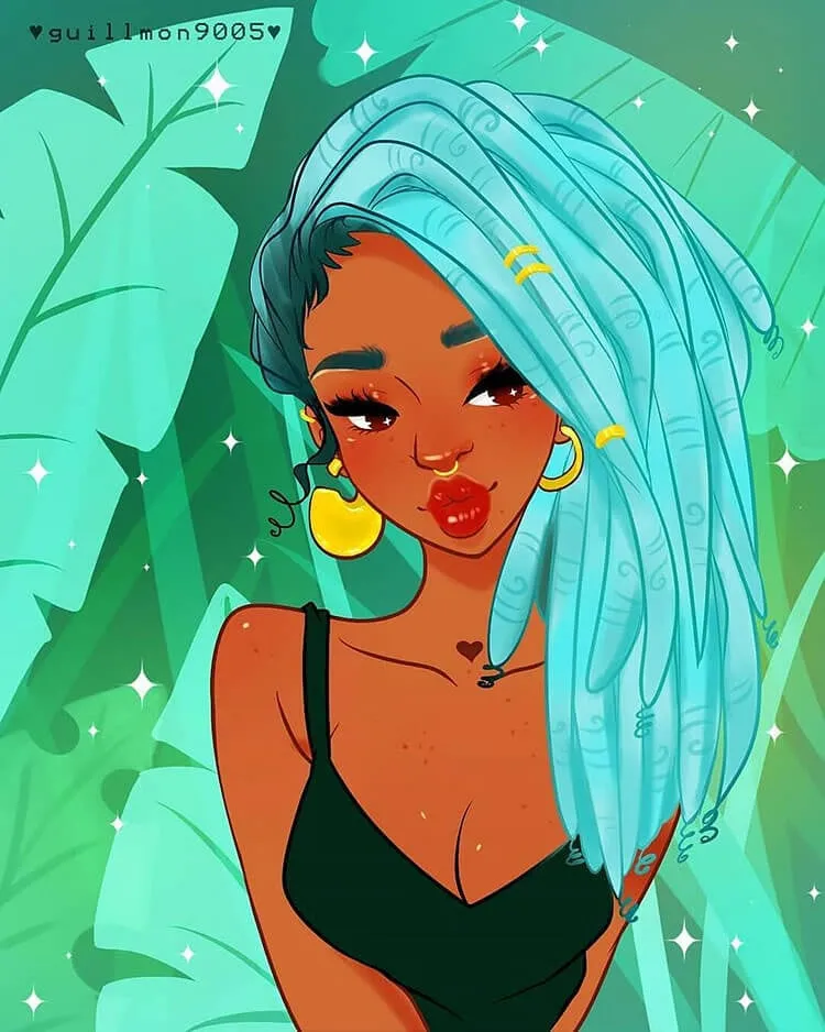 illustrazione ragazza nera con capelli blu