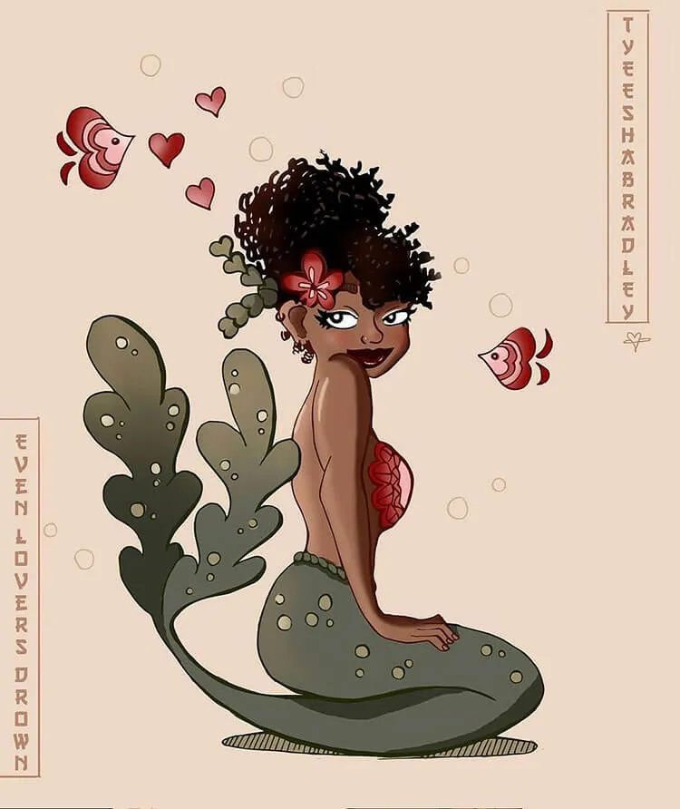 černá dívka mořská panna ilustrace