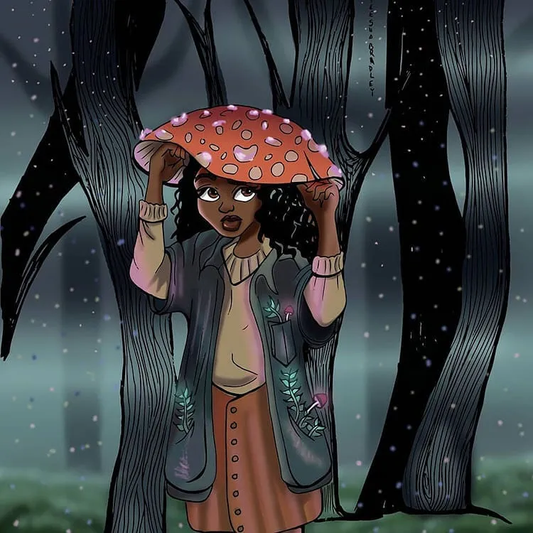 fată de culoare cu pălărie de ciuperci ilustrație