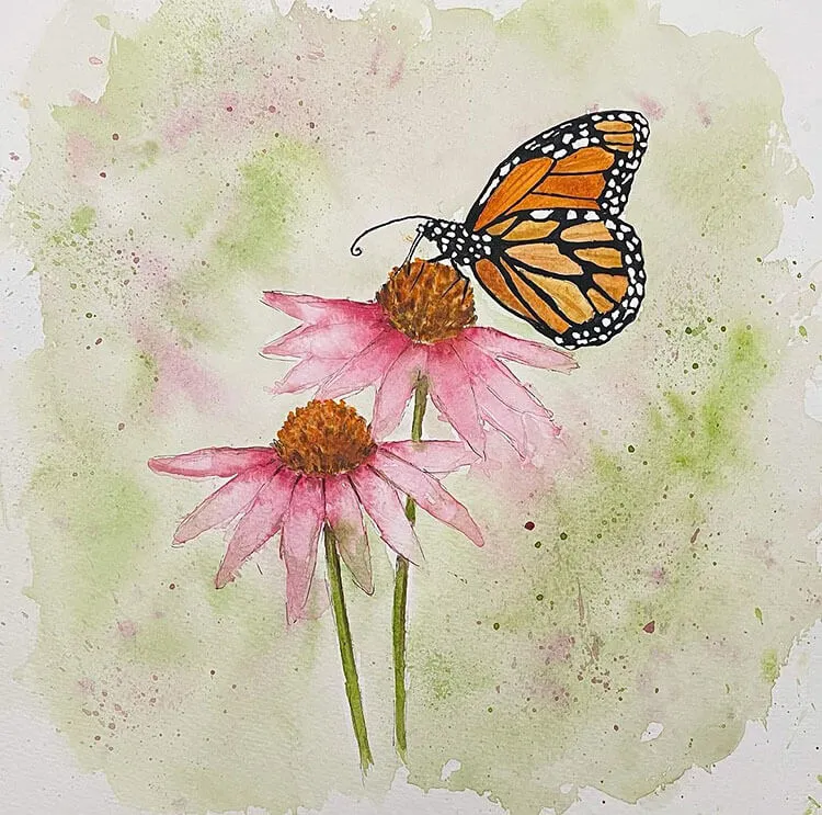 akvarel metulj na cvetju