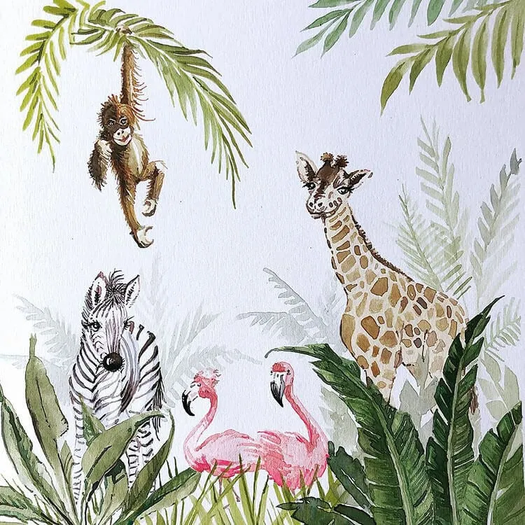 živali deževnega gozda v akvarelu