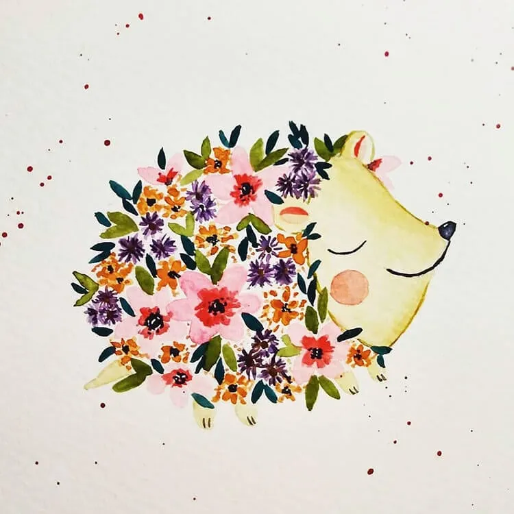 akvarel pindsvin med blomster