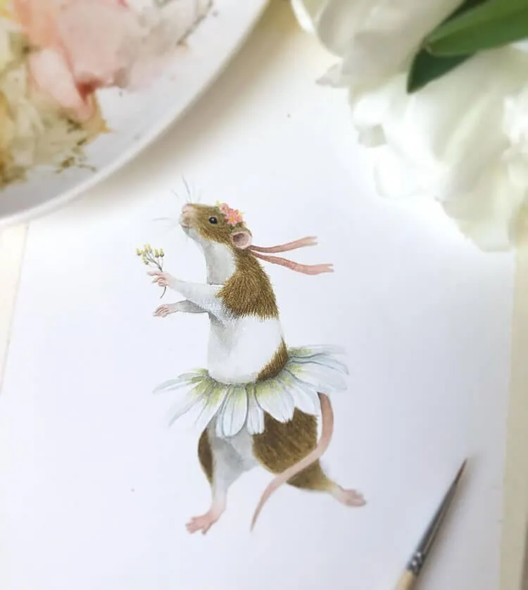 ακουαρέλα ποντίκι με λουλούδι κορώνα