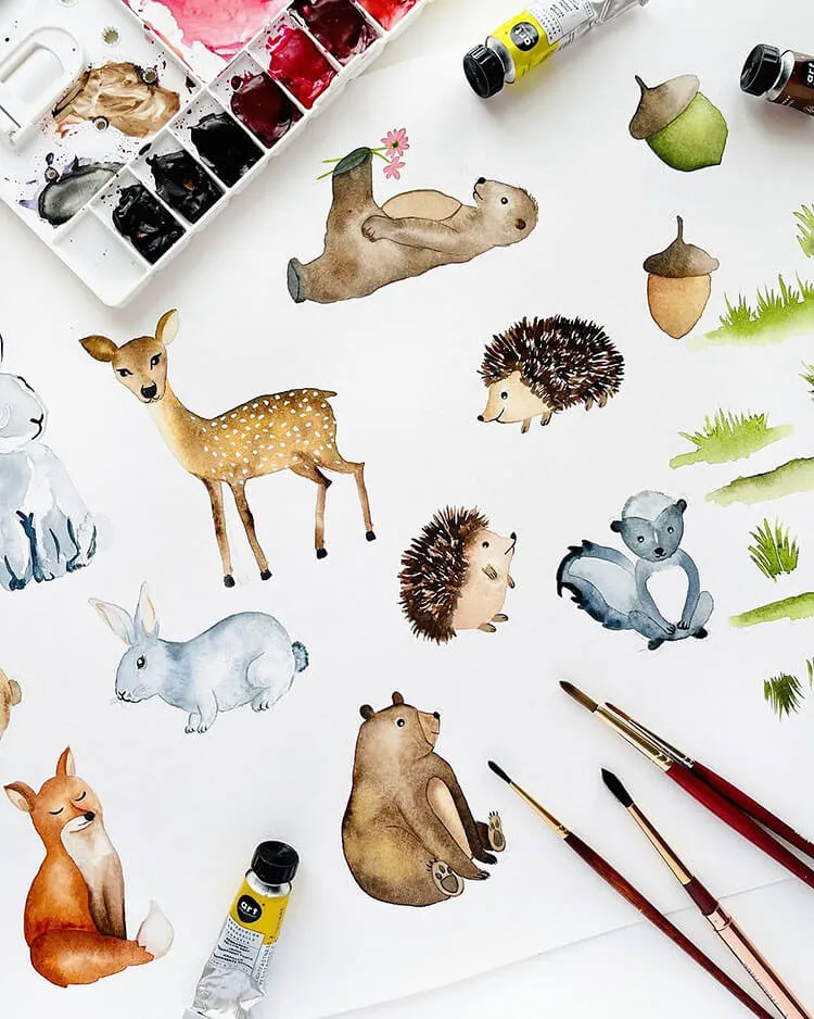 akvarelne gozdne živali