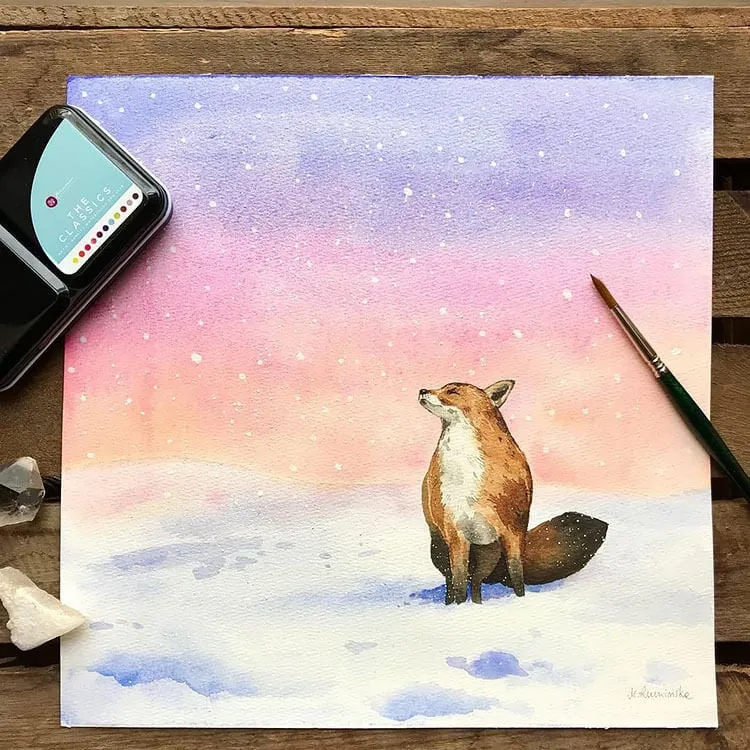 νερομπογιά αλεπού στο χιόνι