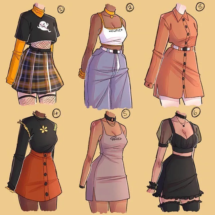 zes verschillende outfits geïllustreerd