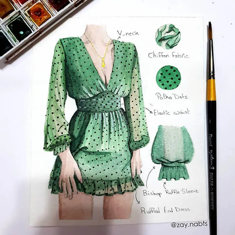 obleka z zelenimi pikami