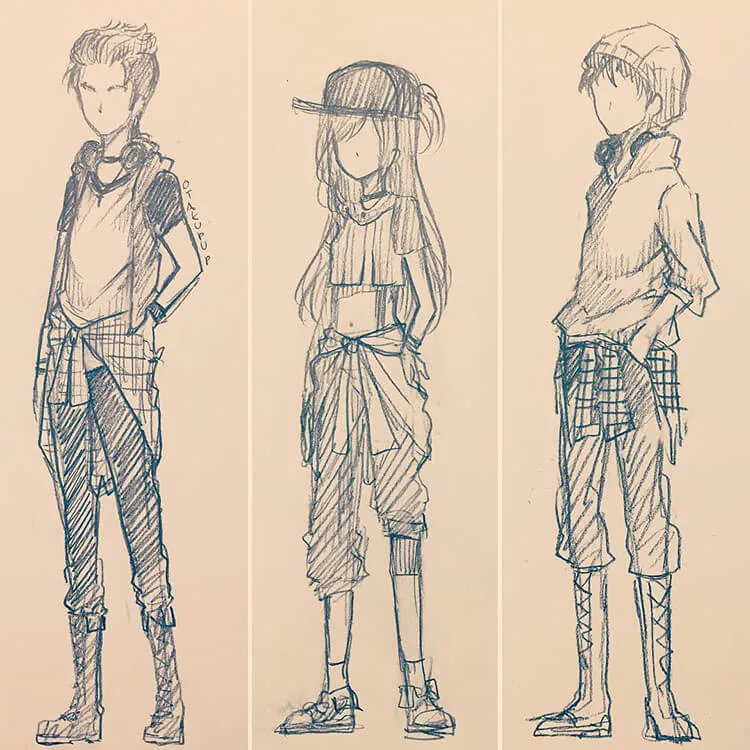 drie verschillende outfits voor personages