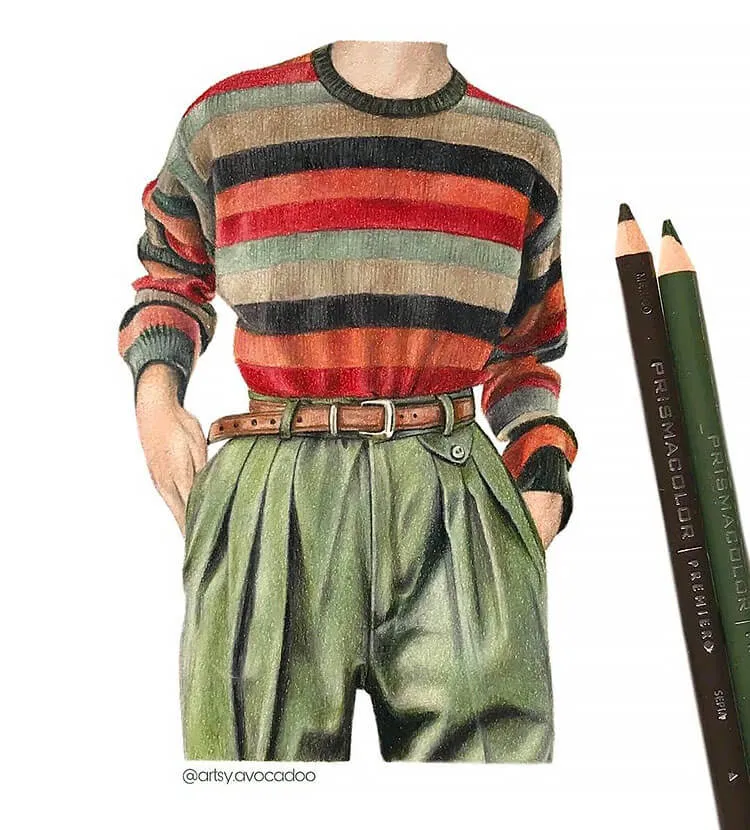 črtast pulover z zelenimi hlačami