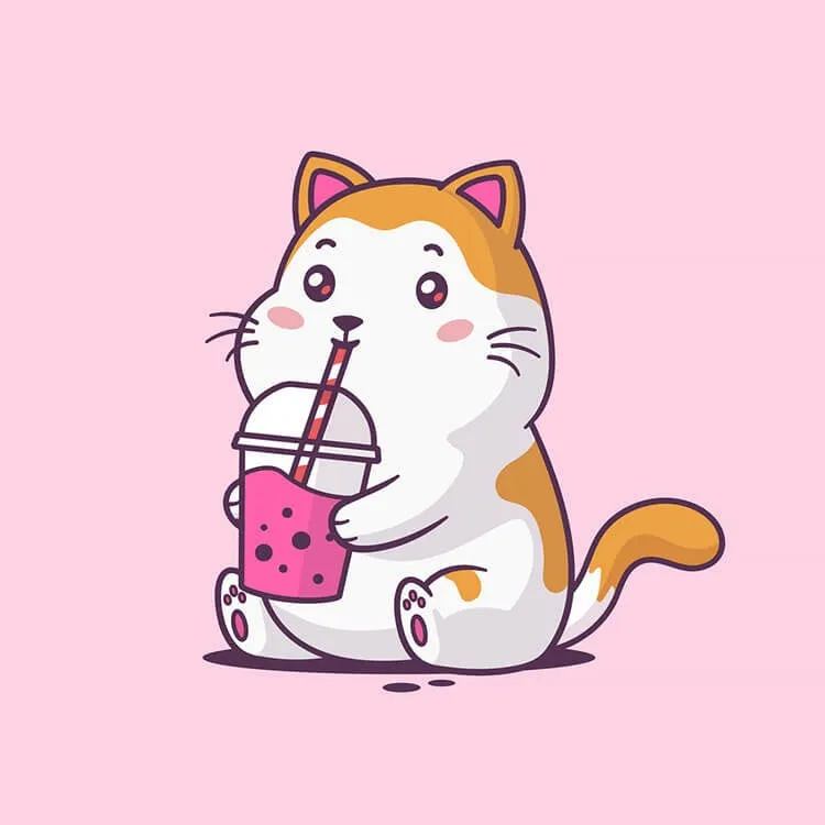 Gato bebiendo té Boba rosa