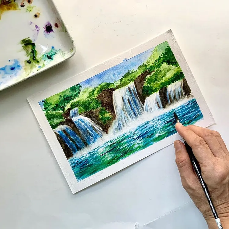 AQUARELL WASSERFALL GEMÄLDE