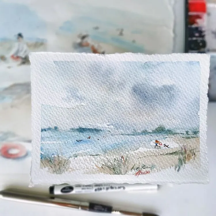 AQUAREL STRAND SCHILDERIJ MET GEDEMPTE KLEUREN