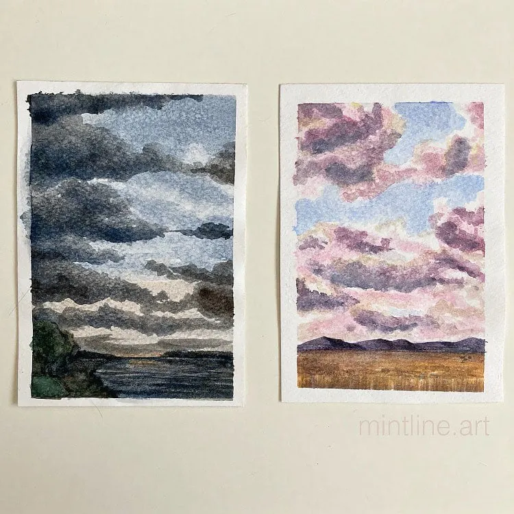 TWEE AQUAREL LUCHT SCHILDERIJEN EEN MET DONKERE LUCHT EEN MET LICHTE LUCHT