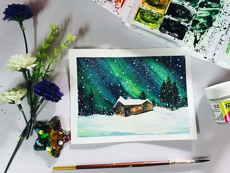 AQUAREL NOORDERLICHT SCHILDERIJ MET HUIS