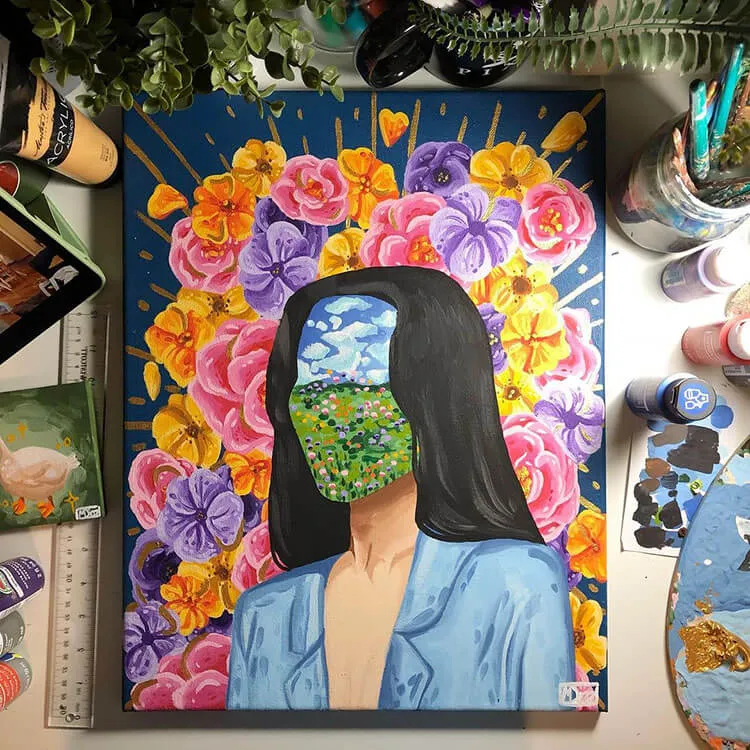 femmes avec visage paysage floral