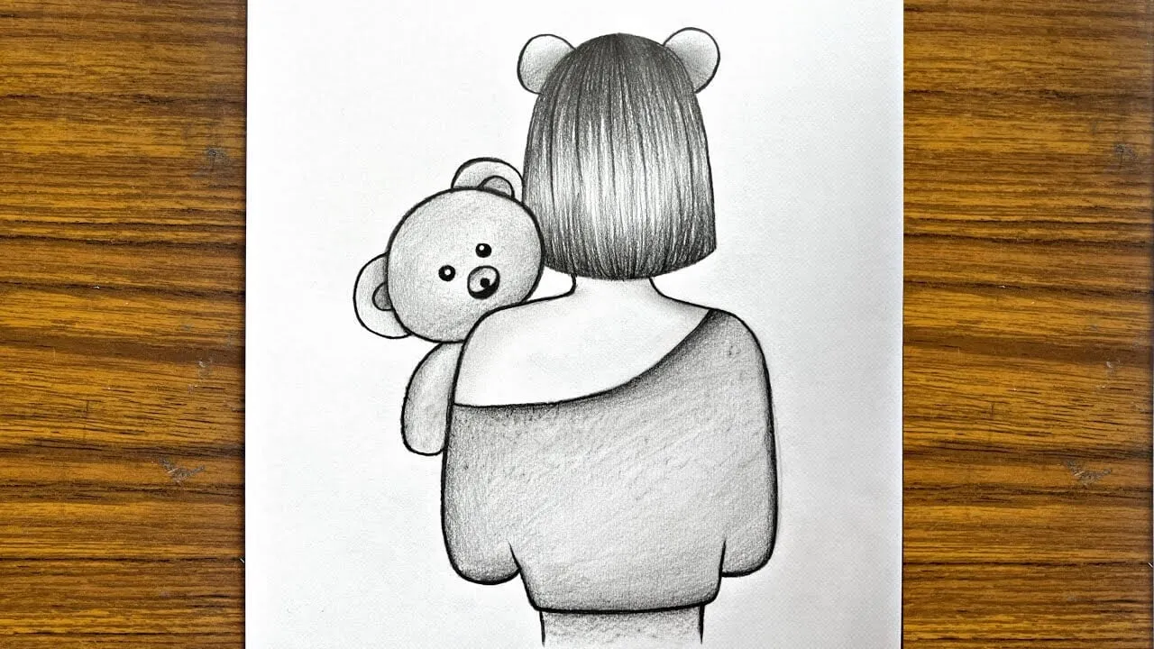 Cara Menggambar Gadis Memegang Boneka Beruang