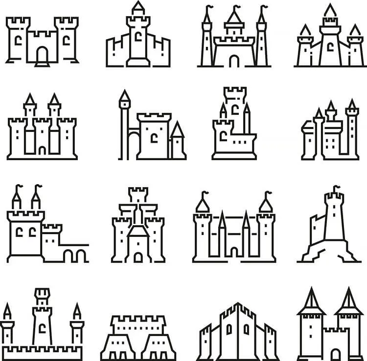 Sedici contorni di base di un castello