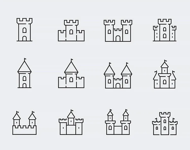 Doze desenhos simples de um castelo