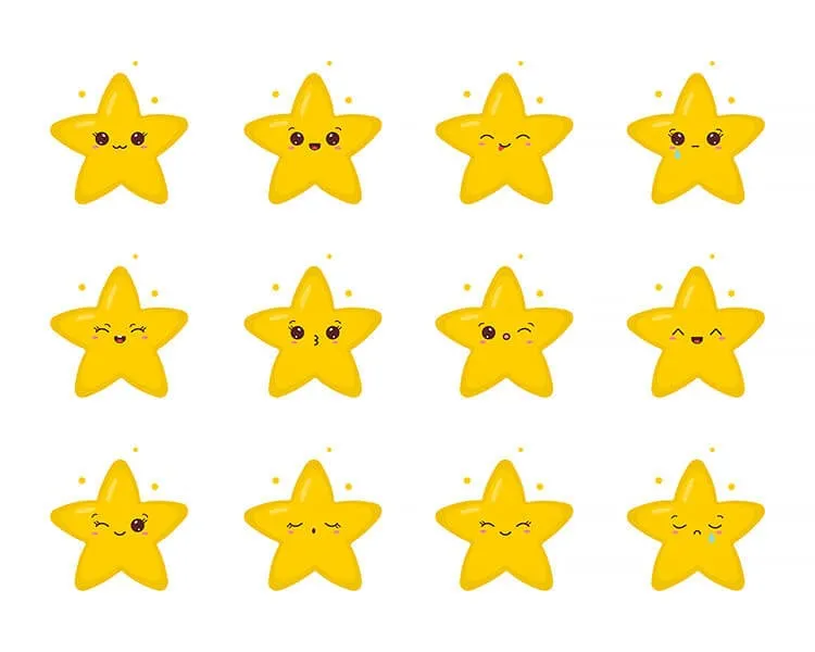 Rysunek z dwunastoma słodkimi wyrazami twarzy gwiazdy