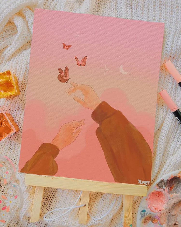 pintura gouache con mano y mariposa
